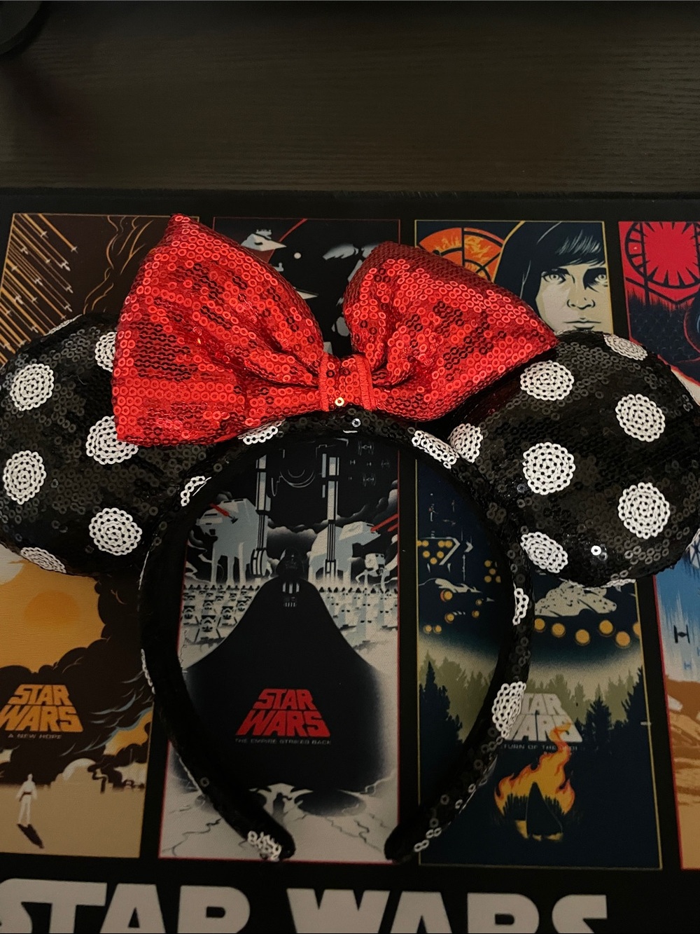 Black & White Polka Dot Sequin Mouse Ears Headband with Red Bow